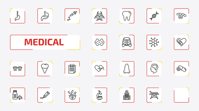 medical outline icon set. 25 linear vector for ui, web and mobile. thin line esophagus, stoh, dosage medical tool and more icons.