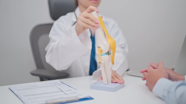 Doctor with Human Knee joint anatomy model. Osteoarthritis, Patellofemoral Pain Syndrome, Patellar Tendinitis, ACL, Anterior Cruciate Ligament, PCL, Posterior, MCL, Medial Collateral, LCL and Lateral