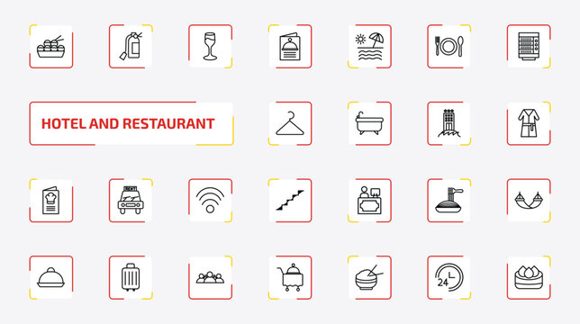 hotel and restaurant outline icon set. 25 linear vector for ui, web and mobile. thin line takoyaki, fire extinguisher, wine glass and more icons.