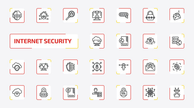 internet security outline icon set. 25 linear vector for ui, web and mobile. thin line pin code, home network, virus search and more icons.