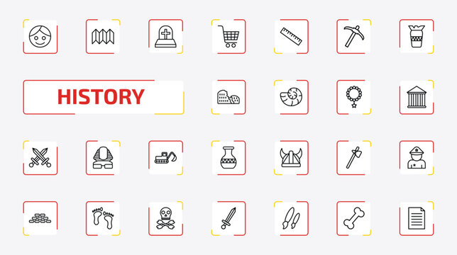 history outline icon set. 25 linear vector for ui, web and mobile. thin line face, trifold, tomb and more icons.