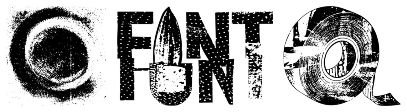 Graphic design font with halftone, ink splatter, distressed texture, typographic art, letterform illustration, vector lettering, bold sans serif style.