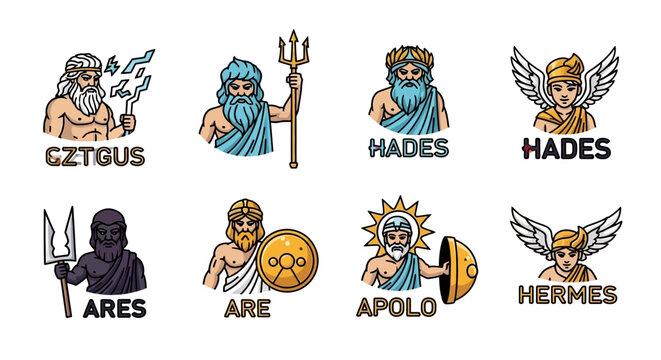 Collection of Ancient Greek Gods and Goddesses Depicted as Stylized Illustrations with Names and Iconic Symbols for Mythology Themes