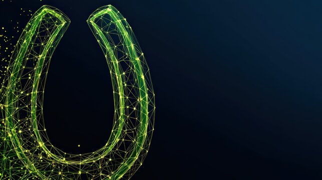 A luminous green horseshoe, a symbol of good fortune, shines against a deep navy background, exuding an aura of optimism and positivity. ..Created with Generative AI, not depicting real subjects.