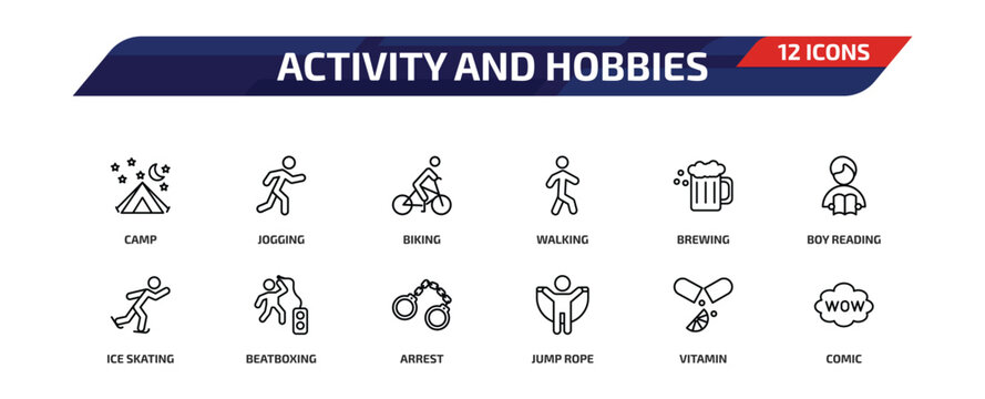 activity and hobbies outline icon set. 12 linear vector for ui, web and mobile. thin line camp, jogging, biking and more icons.