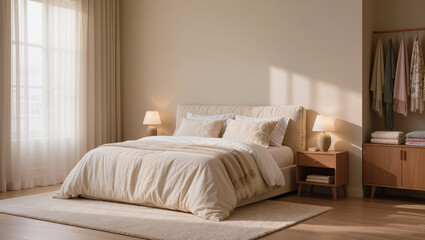 Fototapeta premium Minimalist Bedroom Interior with Neutral Tones and Soft Sunlight
