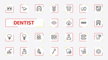 dentist outline icon set. 25 linear vector for ui, web and mobile. thin line fake tooth, dental care, maxilla and more icons. © Farahim