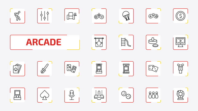 arcade outline icon set. 25 linear vector for ui, web and mobile. thin line jump, controls, cinema seat and more icons.