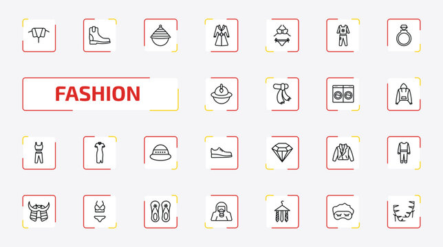 fashion outline icon set. 25 linear vector for ui, web and mobile. thin line collar, boot for women, samurai japanese hat and more icons.