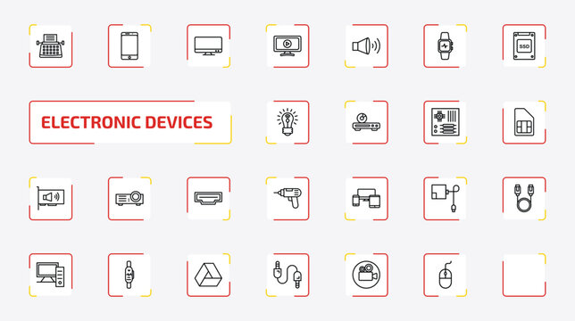 electronic devices outline icon set. 25 linear vector for ui, web and mobile. thin line typewriter, phones, television and more icons.