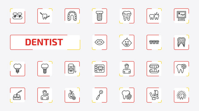 dentist outline icon set. 25 linear vector for ui, web and mobile. thin line fake tooth, dental care, maxilla and more icons.