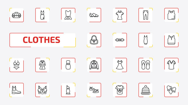 clothes outline icon set. 25 linear vector for ui, web and mobile. thin line messenger bag, drees, peplum top and more icons.