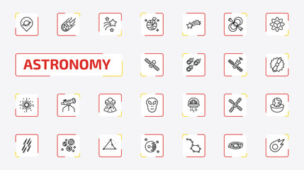 astronomy outline icon set. 25 linear vector for ui, web and mobile. thin line space travel, meteorite falling, shooting star and more icons. © Farahim