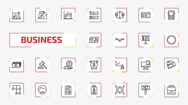 business outline icon set. 25 linear vector for ui, web and mobile. thin line scatter chart, worker digging a hole, smooth line chart and more icons.