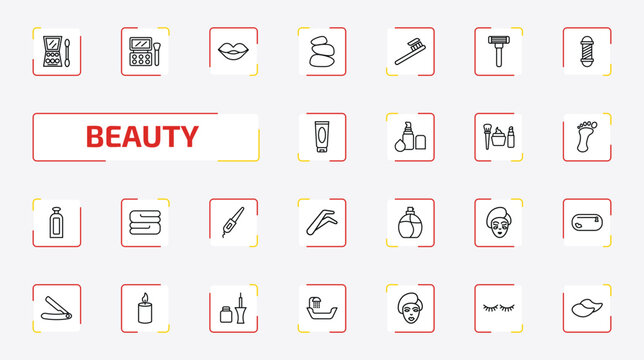 beauty outline icon set. 25 linear vector for ui, web and mobile. thin line big makeup box, eye shadow, woman lips and more icons.