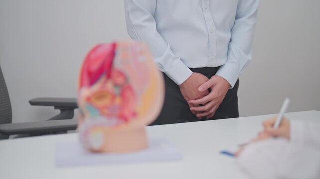 Doctor with Male Reproductive System anatomy model. Male consultation, Prostate Cancer, Enlarged prostate, Prostatitis disease, Male Infertility, Erectile dysfunction, Penis and Male genital disorder