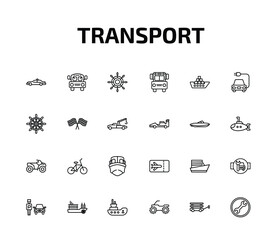 Naklejka premium transport outline icon set. 24 linear vector for ui, web and mobile. thin line patrol car, school bus empty, ship wheel and more icons.