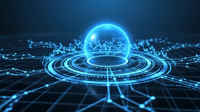 Abstract glowing blue digital sphere on a futuristic circuit board interface