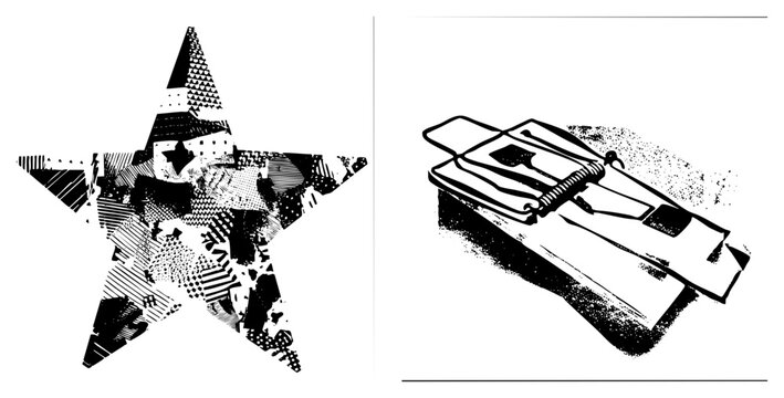 Abstract star composed of varied halftone textures, isolated mouse trap with spring mechanism, vector illustration, black and white, graphic design element, star, pest control.