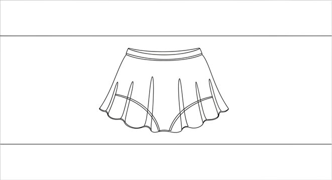 Minimalist outline drawing of a fashionable pleated mini skirt or skort for stylish apparel design