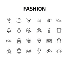 Fototapeta premium fashion outline icon set. 24 linear vector for ui, web and mobile. thin line rag, purses, heart pendant and more icons.