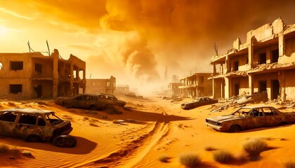Fototapeta premium A sandy desert stretches out among the ruins of houses and burnt-out cars. 