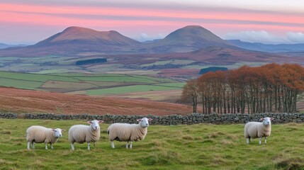Obraz premium Four Curious Sheep in a Vibrant Autumn Pasture with Stone Wall, Red Trees, and Dramatic Pink Sunset Sky over Rolling Hills