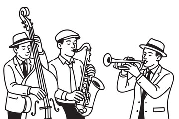 A vector illustration of three men playing jazz music with saxophone, trumpet, and double bass, capturing a lively performance with rhythm, harmony, and a classic music vibe. © primus