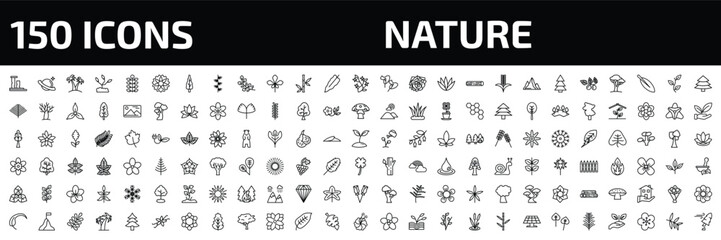 nature outline icon set. 150 linear vector for ui, web and mobile. thin line ruins, saturn with his ring, palm islands and more icons. © Farahim