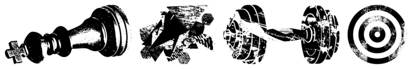 Fototapeta premium Black and white vector chess king, abstract puzzle, dumbbell, target. Flat design, isolated symbols, graphic elements for UI, branding, or digital art.
