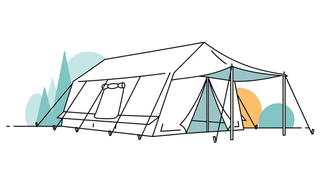 Large white family camping tent with side entrance and protective awning stands against stylized forest and sunset background.
