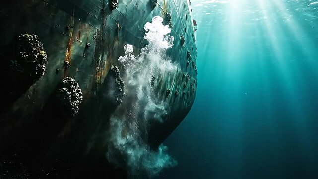 Underwater footage of a massive ship hull with sunlight filtering through ocean water