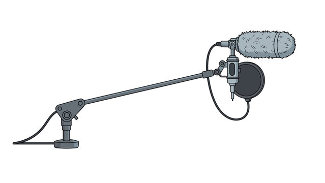 Professional studio microphone setup on an adjustable boom arm featuring a shock mount and pop filter for high quality audio recording.