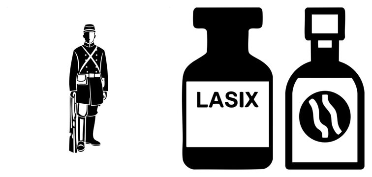 Military personnel in uniform holding rifle, alongside labeled Lasix medicine bottle and coffee bottle with, flat vector design for health or military contexts.