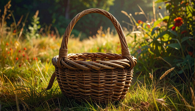 Woven basket sits in sunlit grassy field with soft focus background
