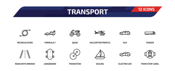 Naklejka premium transport outline icon set. 12 linear vector for ui, web and mobile. thin line recirculation, formula 1, quad and more icons.