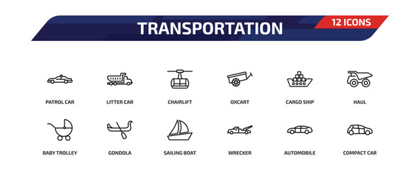 transportation outline icon set. 12 linear vector for ui, web and mobile. thin line patrol car, litter car, chairlift and more icons. © Farahim
