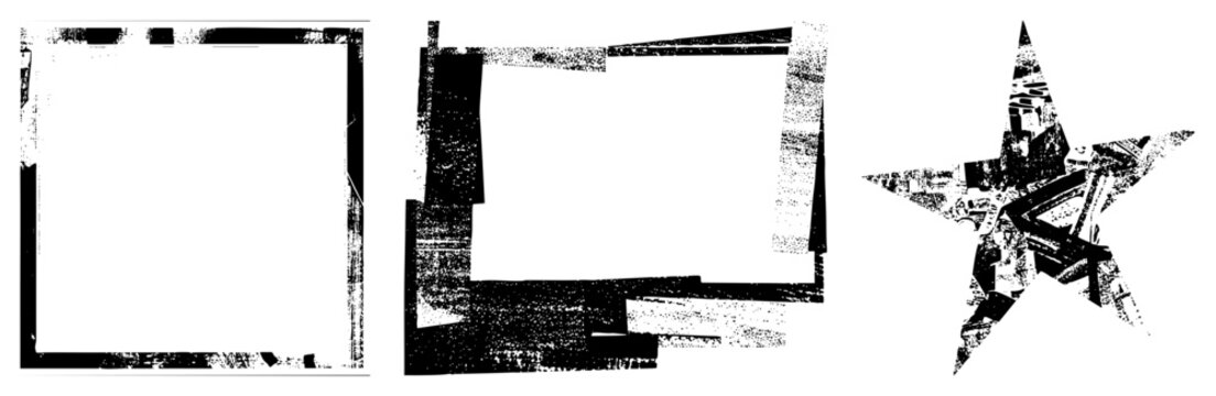 Abstract black frames with rough ink texture, halftone star design, graphic elements, distressed vector art, urban stencil style, isolated shapes, high contrast composition.
