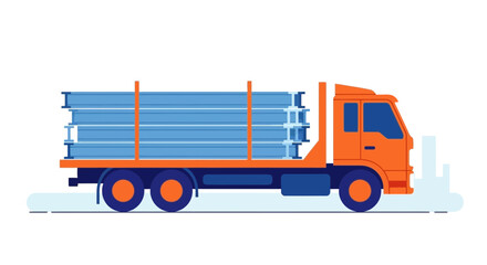 Fototapeta premium Orange Flatbed Truck Transporting Steel Beams Construction Materials Haulage