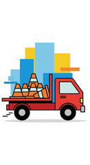 Naklejka premium Red Flatbed Truck Delivering Orange Traffic Cones In Front Of Abstract Cityscape
