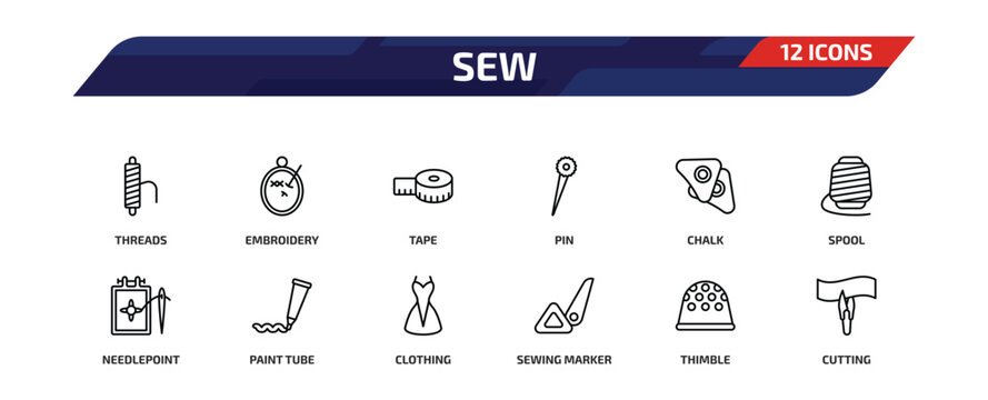 sew outline icon set. 12 linear vector for ui, web and mobile. thin line threads, embroidery, tape and more icons.