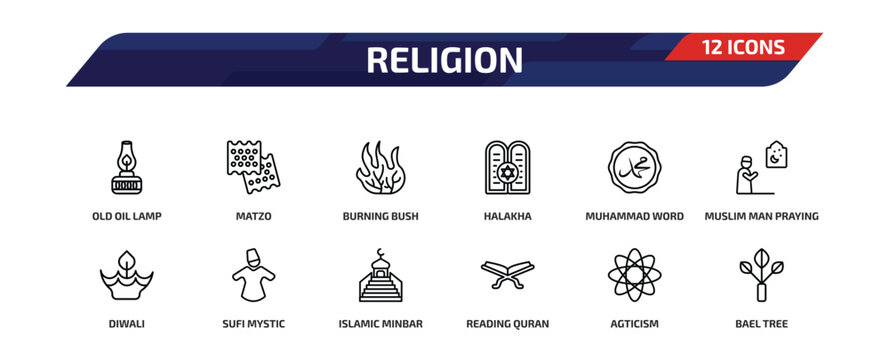 religion outline icon set. 12 linear vector for ui, web and mobile. thin line old oil lamp, matzo, burning bush and more icons.