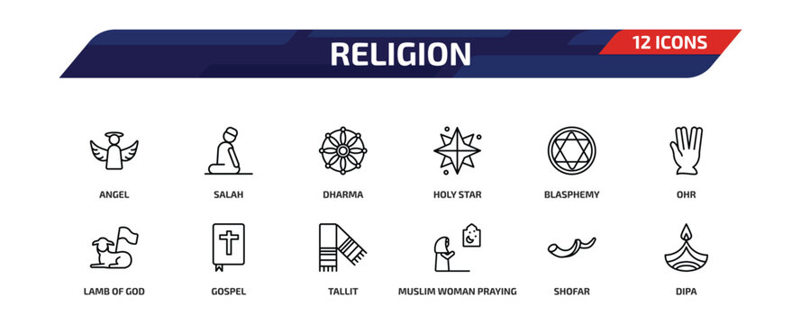 religion outline icon set. 12 linear vector for ui, web and mobile. thin line angel, salah, dharma and more icons.