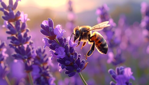 A bee hovers over a purple lavender flower