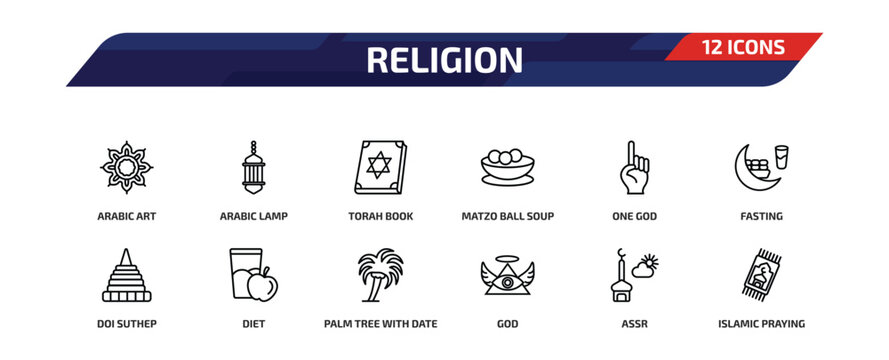 religion outline icon set. 12 linear vector for ui, web and mobile. thin line arabic art, arabic lamp, torah book and more icons.