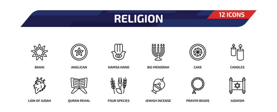 religion outline icon set. 12 linear vector for ui, web and mobile. thin line bahai, anglican, hamsa hand and more icons.