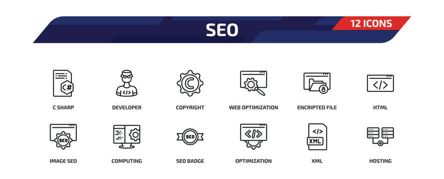 seo outline icon set. 12 linear vector for ui, web and mobile. thin line c sharp, developer, copyright and more icons.
