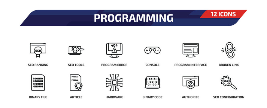 programming outline icon set. 12 linear vector for ui, web and mobile. thin line seo ranking, seo tools, program error and more icons.