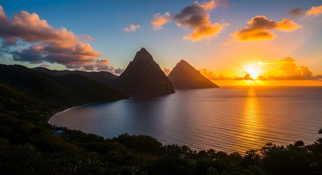 Sunset over the iconic pitons and calm waters of st lucia's serene landscape