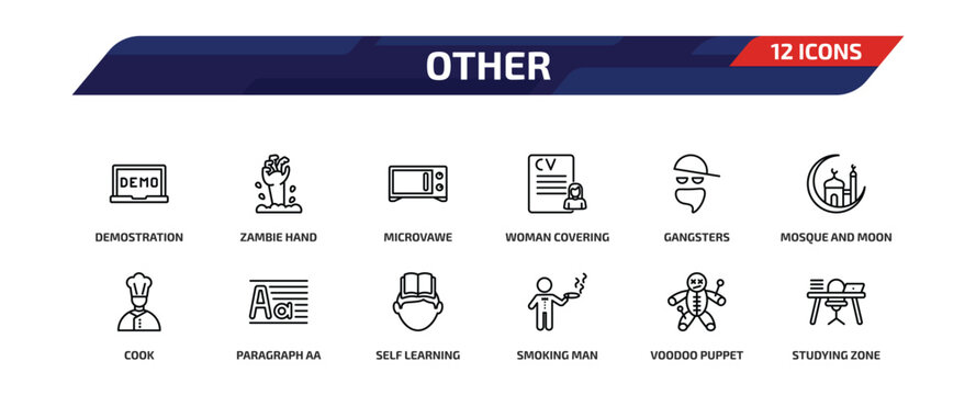 other outline icon set. 12 linear vector for ui, web and mobile. thin line demostration, zambie hand, microvawe and more icons.